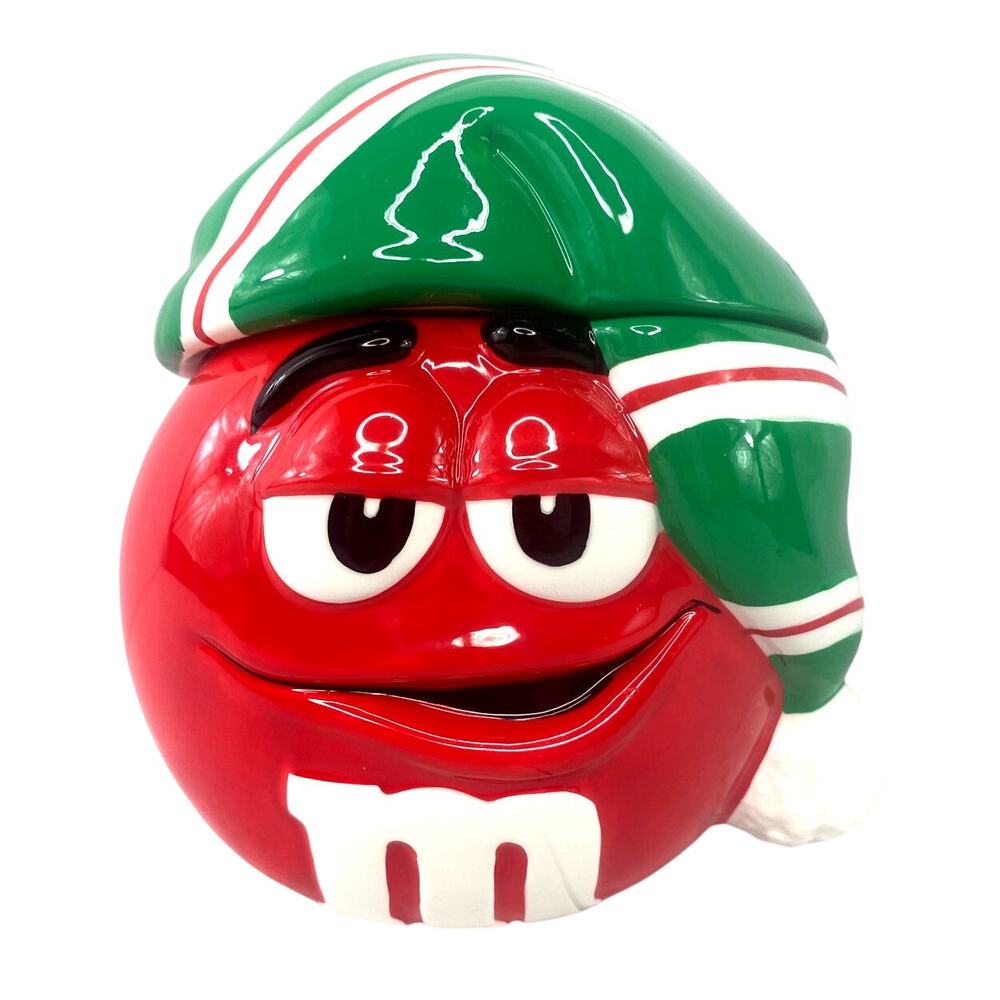 Vintage 2004 M&Ms Red Holiday Christmas Hat Ceramic Candy Cookie Jor Decor